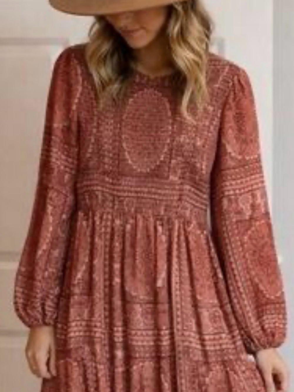 bohme Rust Paisley Midi Dress with Balloon Sleeves